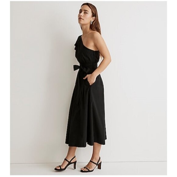 Madewell Ruffled One-Shoulder Flowy Relaxed Fit Lightweight Midi Dress Black NWT - Picture 2 of 16